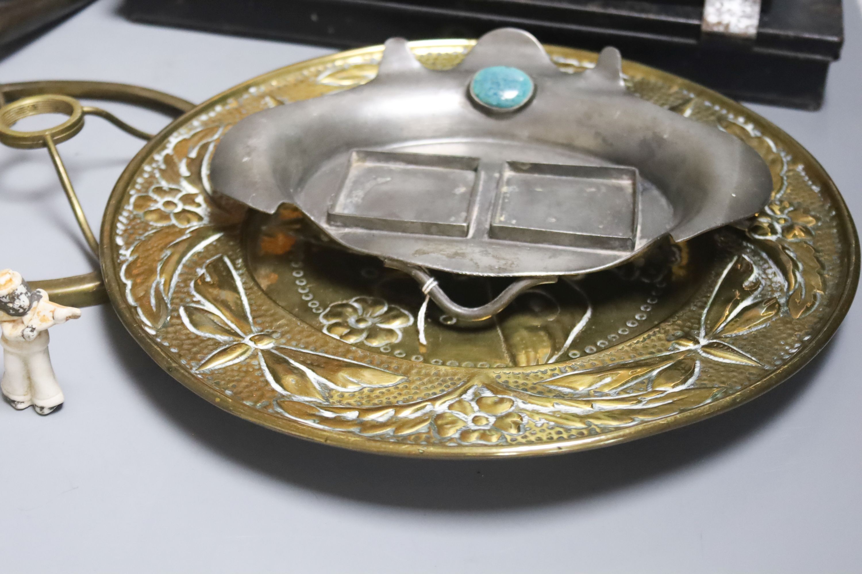An Arts and Crafts metal light fitting and similar sundry metalware